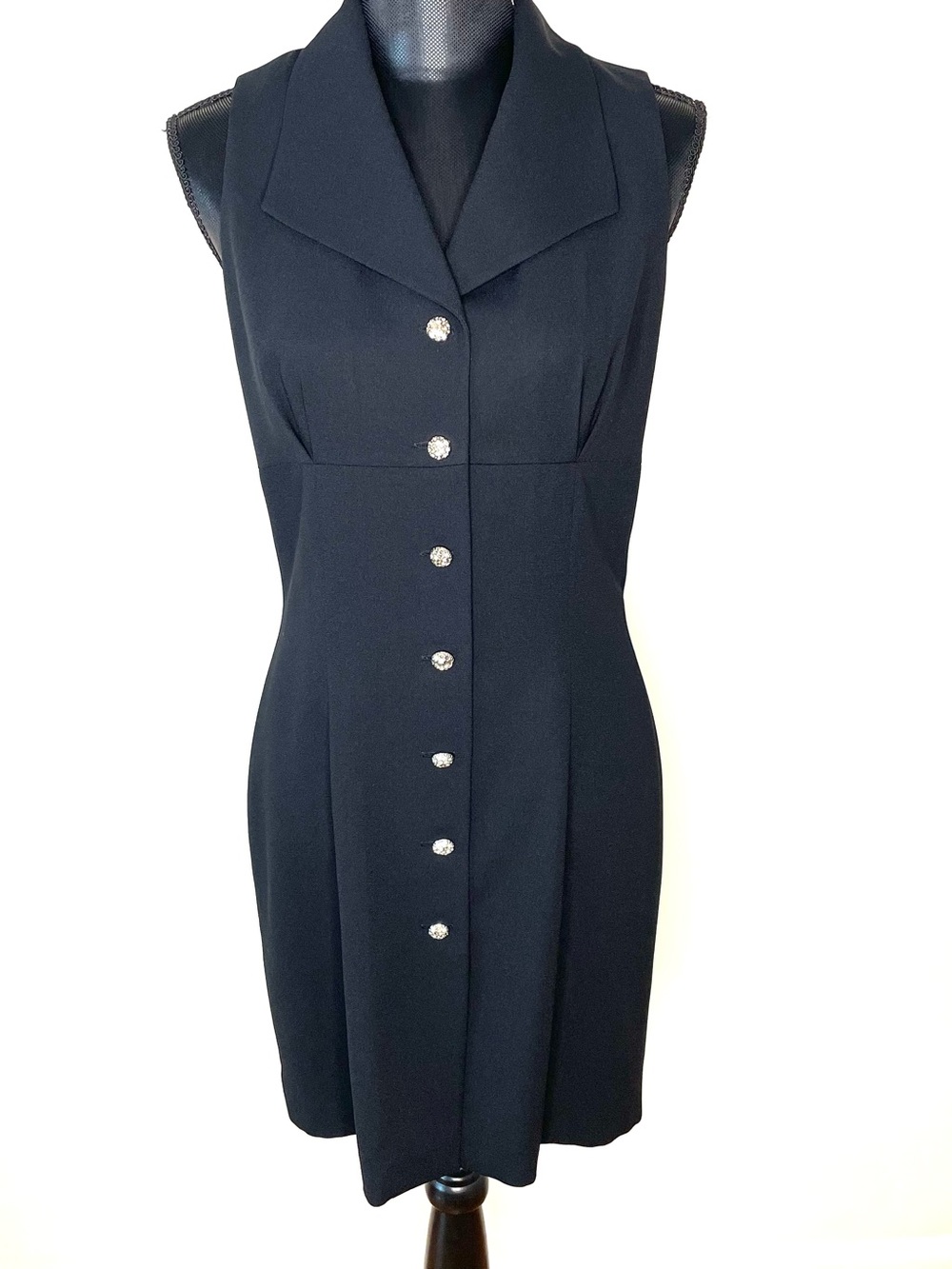 Vintage Ann Tjian Kenar Shirt Dress Cocktail Sheath Jewel Buttons Black Size 12